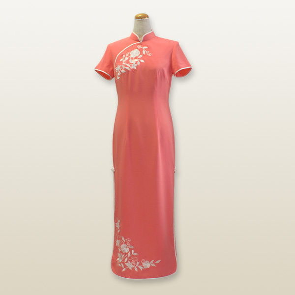 モード花刺繍チャイナドレス XLサイズ 13号 サーモンピンク