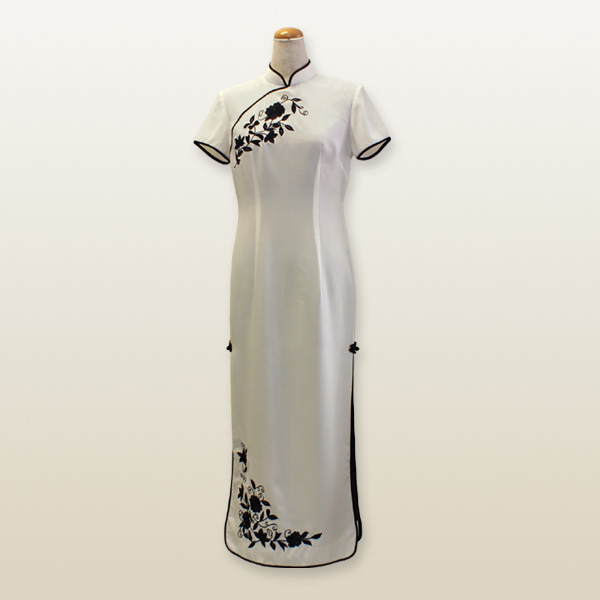 モード花刺繍チャイナドレス Mサイズ 9号 ホワイト