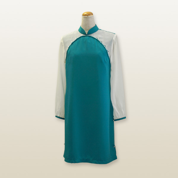 フェミニン切り替えチャイナドレス XLサイズ 13号 エメラルドブルー×ホワイト
