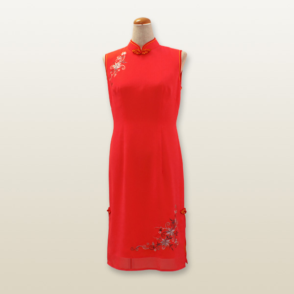 花刺繍２枚重ねチャイナドレス XLサイズ 13号 イエロー×オレンジピンク