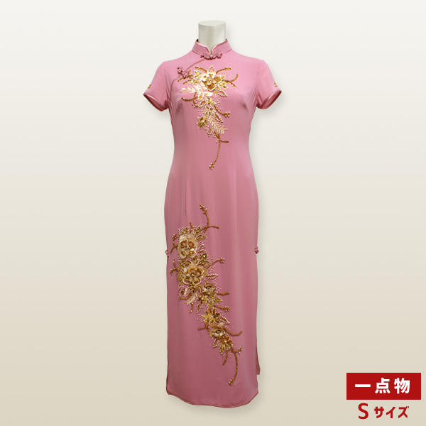 花モチーフチャイナドレス 半袖 ロング丈 Sサイズ オーキッドピンク