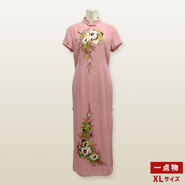 花刺繍モチーフチャイナドレス XLサイズ 13号 くすみピンク